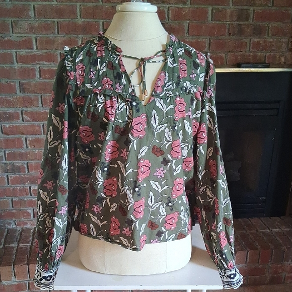 Cleobella Tops - Cleobella Olive Green Floral Tie-Neck Blouse